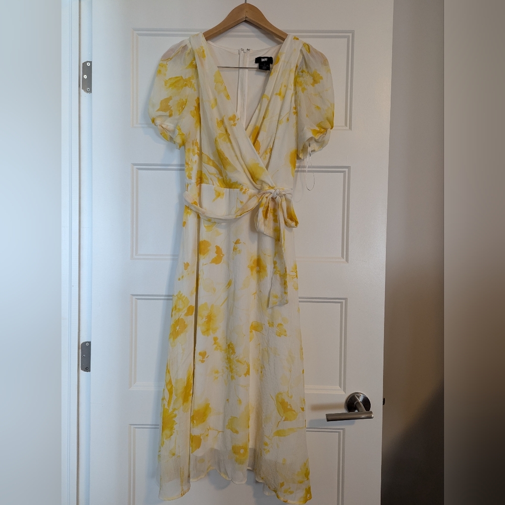 Dkny Yellow and White Ruffled Wrap Midi Dress